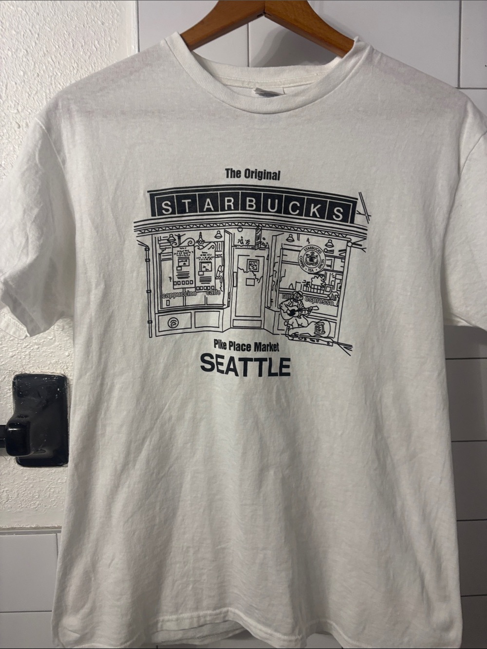 Starbucks White Tee with Black Seattle Pike Place Illustration